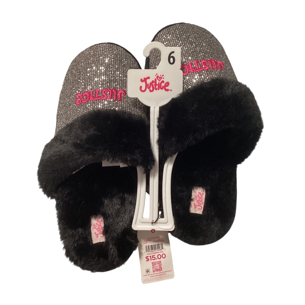 Justice Girls Slippers Black Silver Glitter Faux Fur Slide Sandals Size 6 NWT